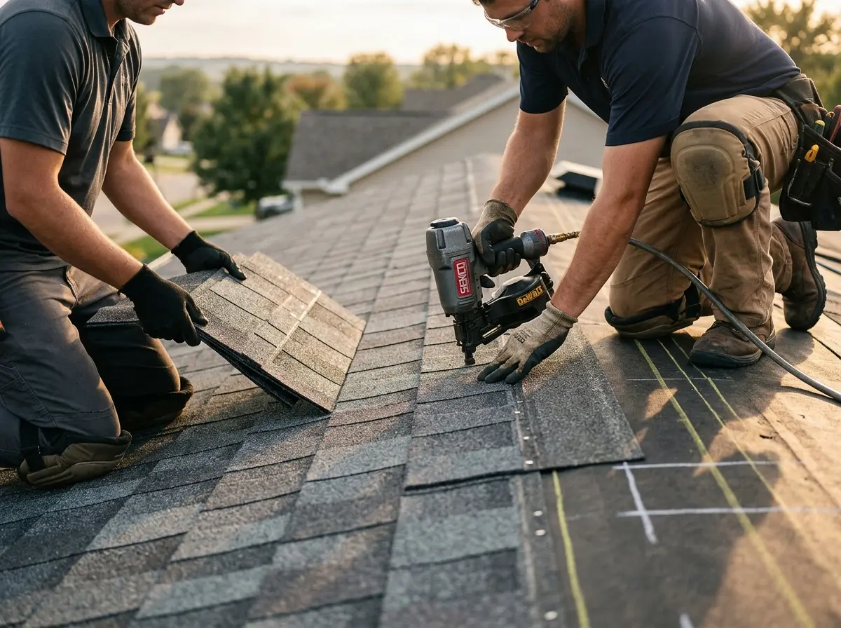 Professional roofer working on a residential roof in Aston
